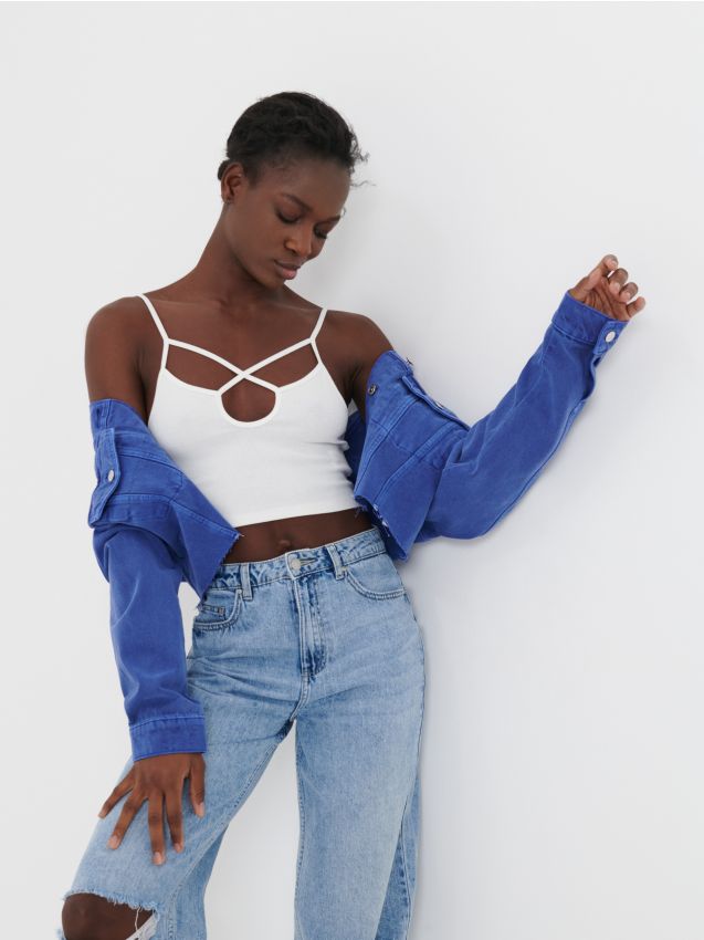 Sinsay - Crop top na tenké ramienka - krémová