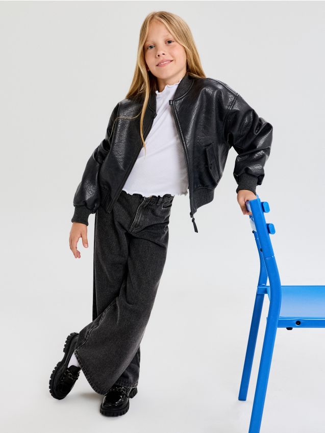 Sinsay - Blugi wide leg cu talie înaltă și aplicații decorative pe buzunare - gri deschis