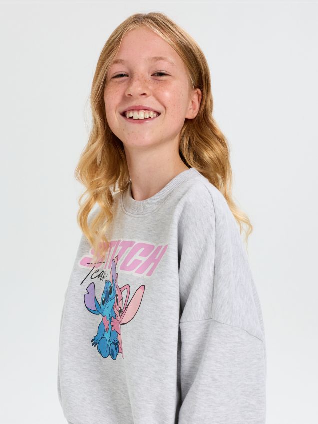 Sinsay - Bluză crewneck cu imprimeu Stitch - gri deschis