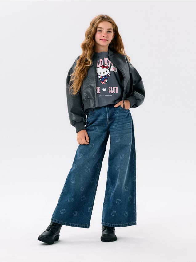 Sinsay - Blugi wide leg cu efect prespălat Hello Kitty - bleumarin