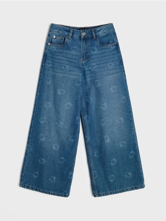 Sinsay - Jeansy wide leg z efektem sprania Hello Kitty - granatowy