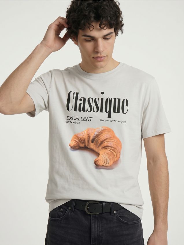 Sinsay - Tricou din bumbac cu imprimeu croissant - nude
