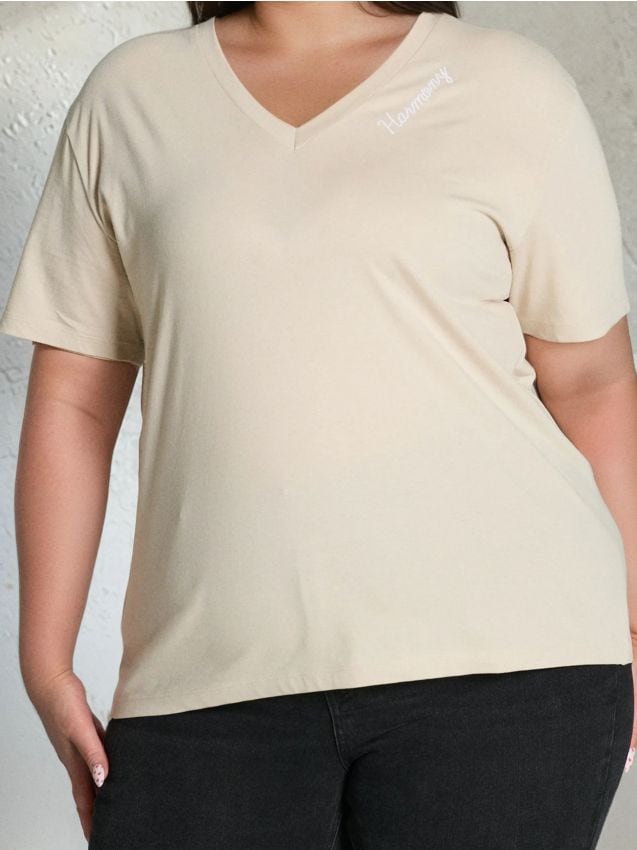Sinsay - Tricou cu decolteu în V Plus Size - bej