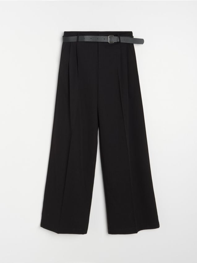 Sinsay - Spodnie wide leg z paskiem - czarny