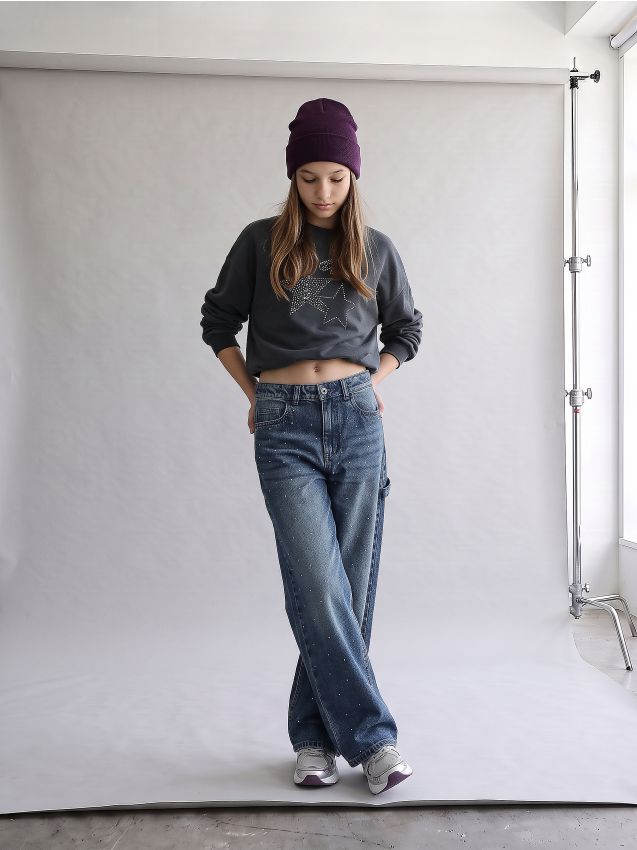 Sinsay - Blugi wide leg cu efect prespălat și strasuri decorative - albastru