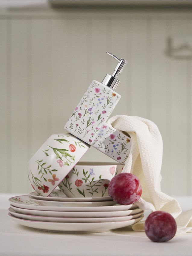 Sinsay - Dozator ceramic pentru săpun cu compartiment pentru burete și motiv floral - multicolor