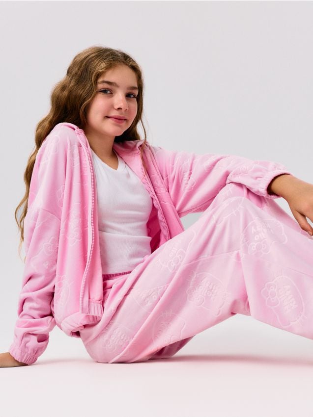 Sinsay - Hanorac scurt cu glugă și fermoar Hello Kitty - roz-pastel