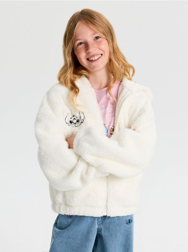 Sinsay - Hanorac din fleece sherpa cu fermoar Stitch - bej