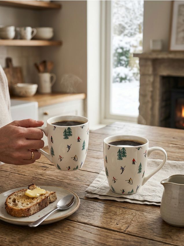 Sinsay - Căni ceramice de iarnă cu motiv de schi, set de 2 - alb