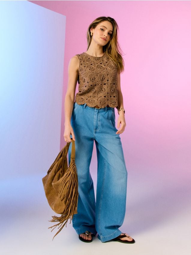 Sinsay - Blugi wide leg cu talie înaltă și curea - albastru