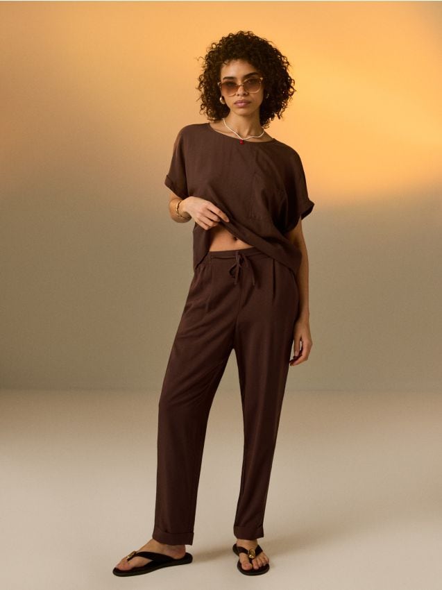 Sinsay - Wiskozowe spodnie straight leg - brązowy
