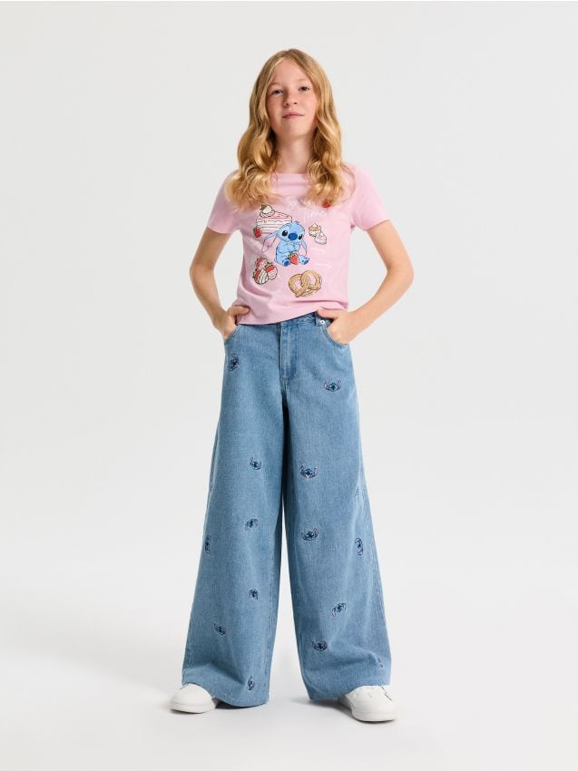 Sinsay - Jeansy wide leg oversize z haftem Stitch - niebieski