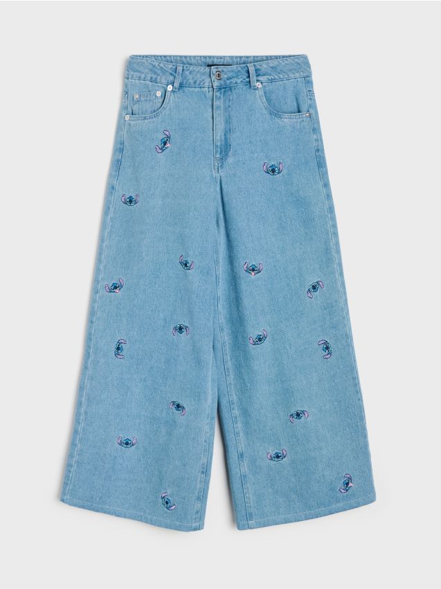 Sinsay - Jeansy wide leg oversize z haftem Stitch - niebieski