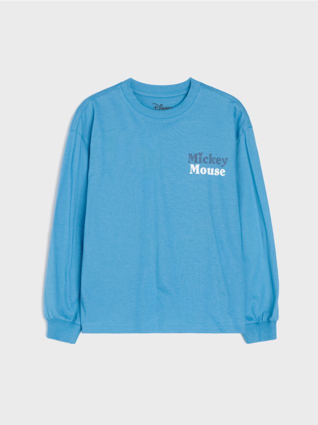 Sinsay - Tricou din bumbac loose cu mânecă lungă și imprimeu Mickey Mouse - albastru-pal