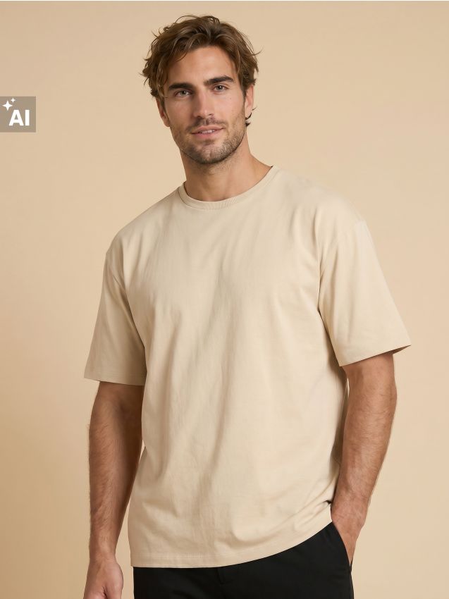 Sinsay - Tricou boxy din bumbac din tricot interlock - bej