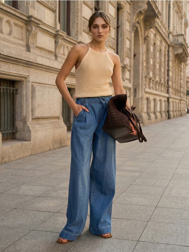 Sinsay - Blugi palazzo cu buzunare și curea din material - albastru