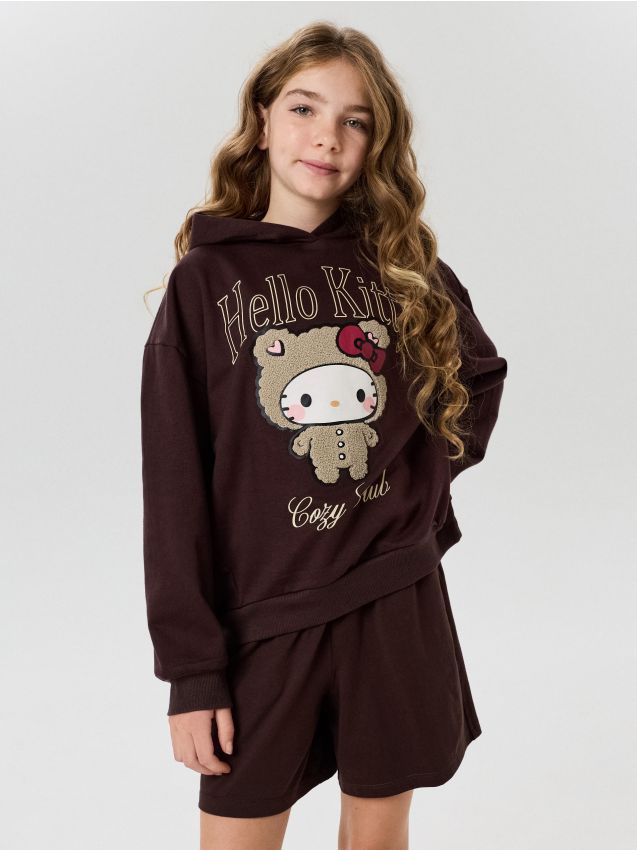 Sinsay - Hanorac din bumbac cu imprimeu cu efect towel Hello Kitty - maro-închis