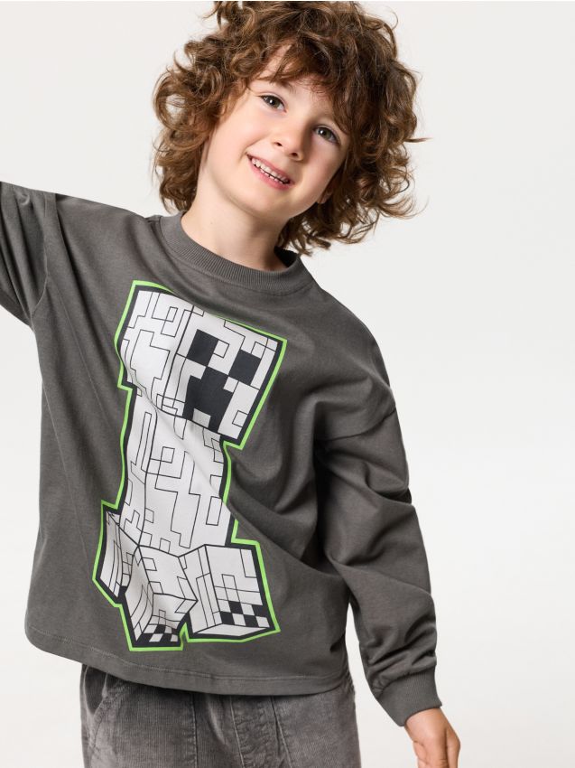 Sinsay - Hanorac din bumbac crewneck cu imprimeu Minecraft - negru-antracit