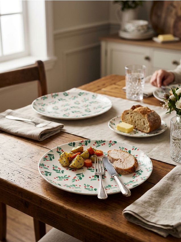 Sinsay - Farfurii ceramice de Crăciun cu motiv de ramuri, set de 2 - alb