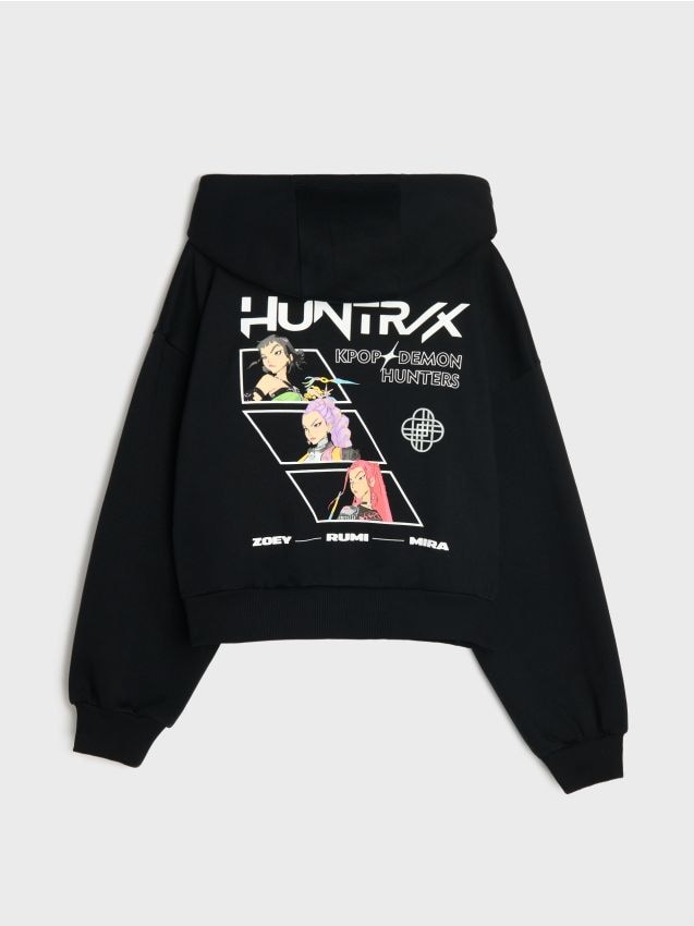 Sinsay - Hanorac cu fermoar și glugă, cu imprimeu pe spate K-Pop Demon Hunters - negru