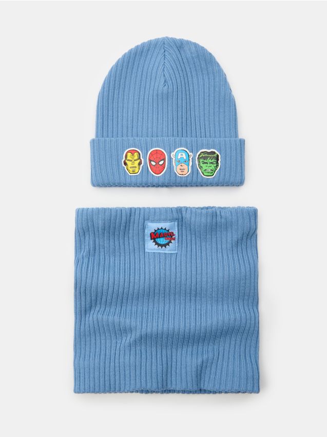 Sinsay - Set reiat cu amestec de viscoză: căciulă beanie și guler circular Marvel 2 pack - Gri-albăstrui