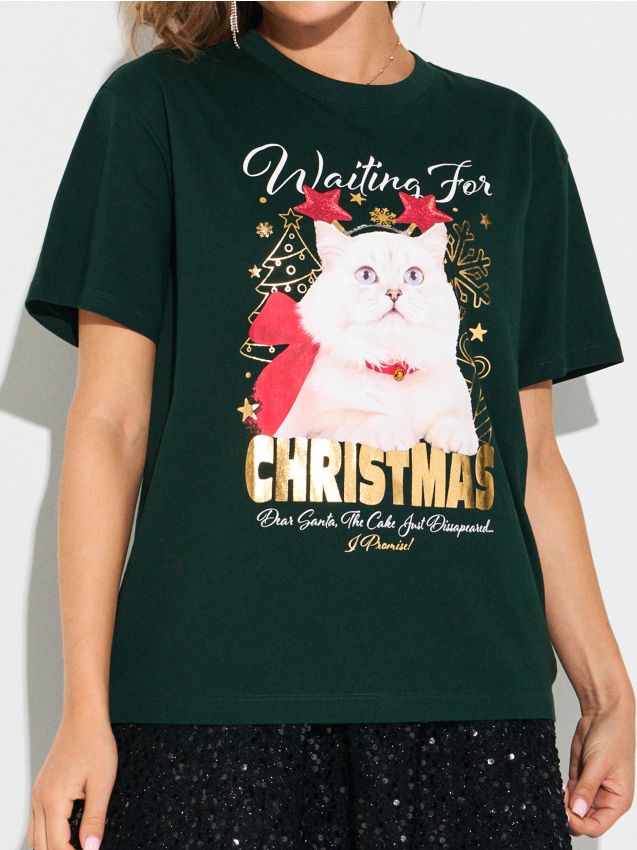 Sinsay - Tricou de Crăciun cu pisică - turcoaz-închis