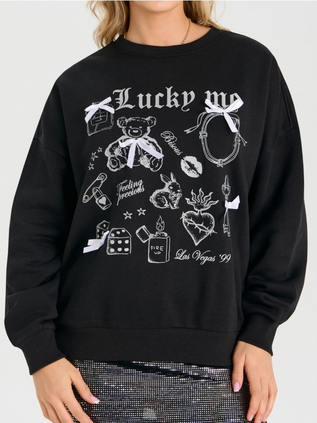 Sinsay - Bluza crewneck z nadrukiem i kokardami - czarny