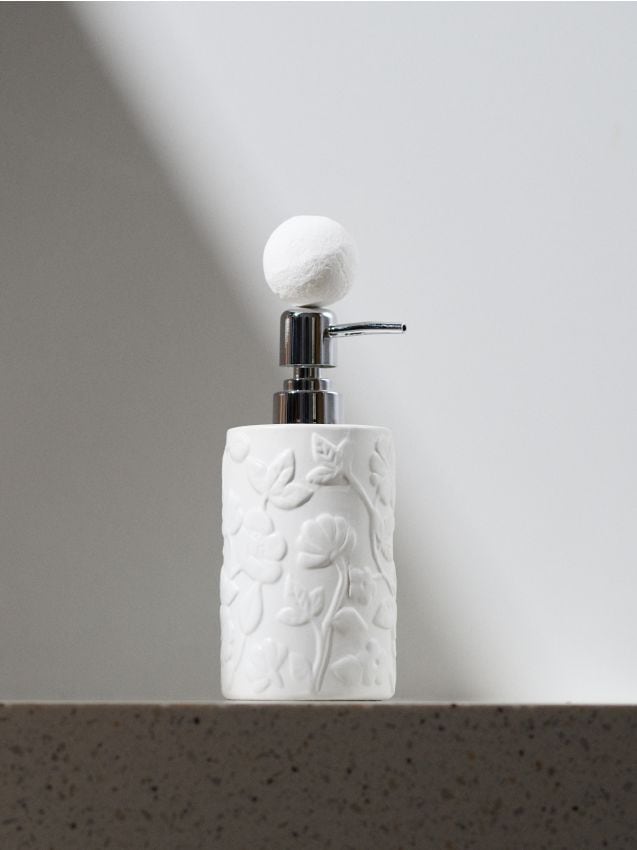 Sinsay - Dozator de săpun din ceramică cu model floral în relief - alb