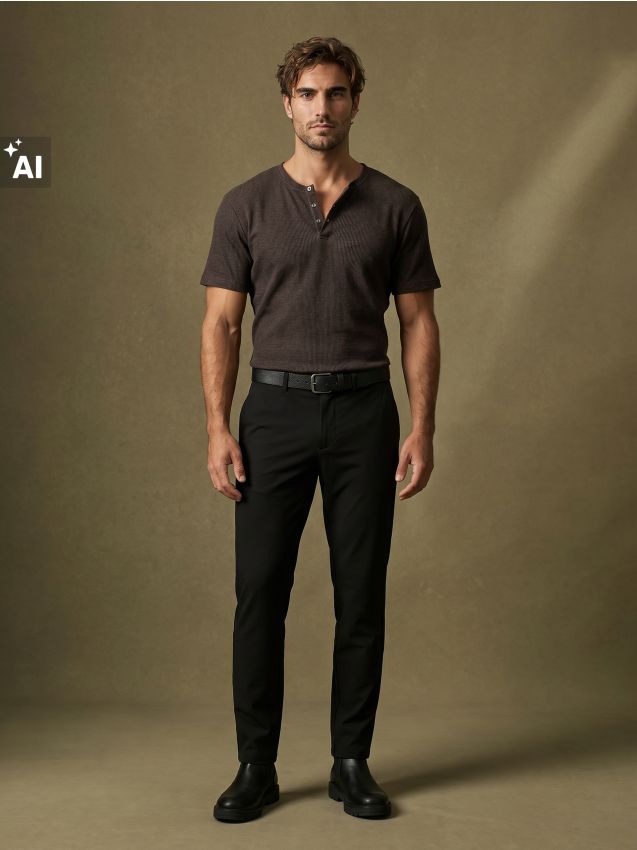 Sinsay - Tricou Henley din bumbac - cacao-cu-lapte