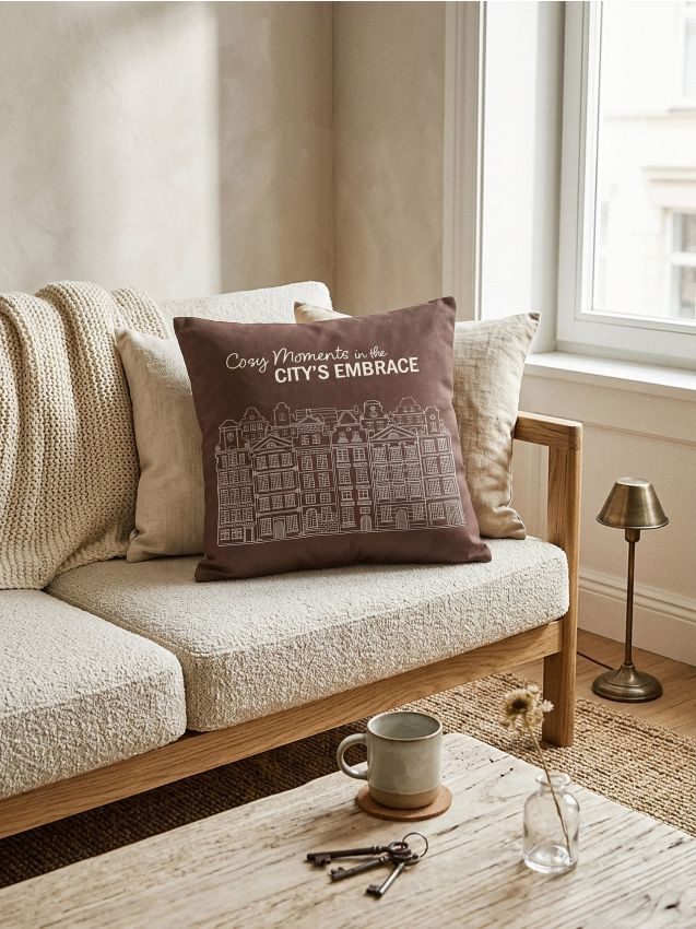Sinsay - Husă decorativă pentru pernă cu imprimeu de clădiri și inscripție - maro-închis