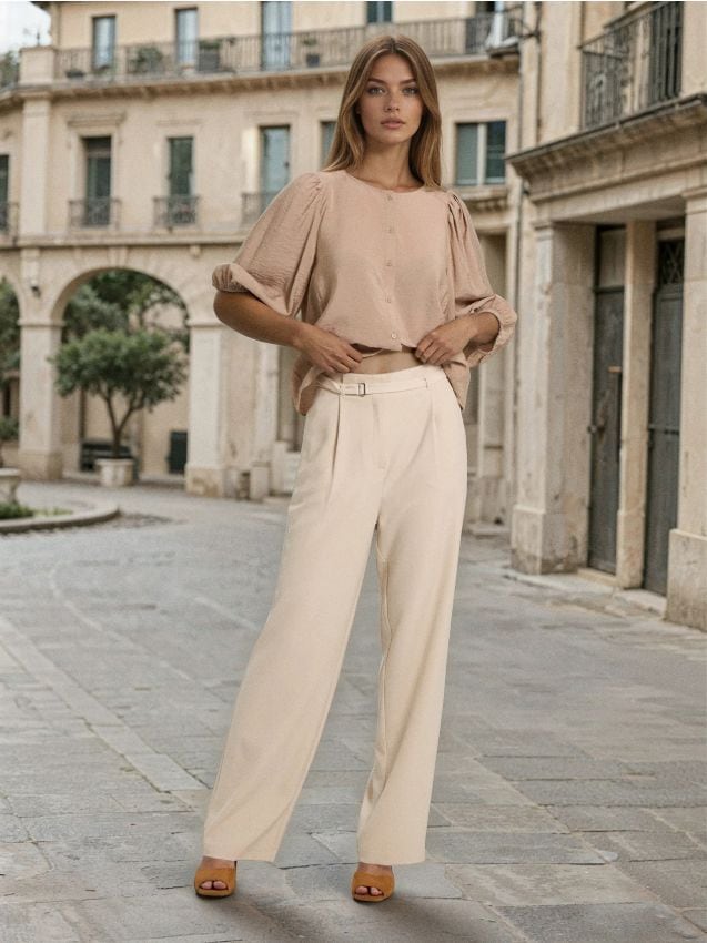 Sinsay - Pantaloni palazzo cu centură - nude