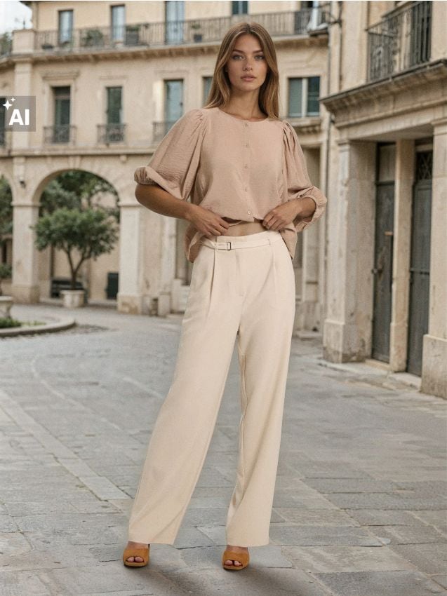 Sinsay - Pantaloni palazzo cu centură - nude