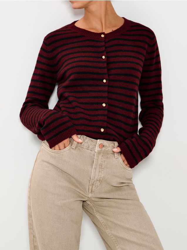 Sinsay - Pásikavý sveter na gombíky - burgundská červená