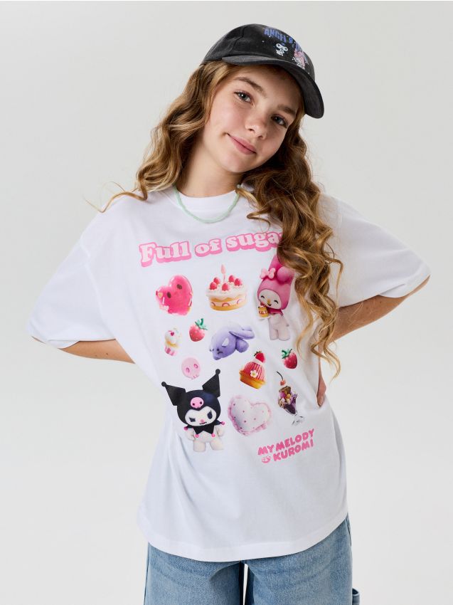 Sinsay - Tricou oversize din bumbac cu imprimeu My Melody and Kuromi - crem
