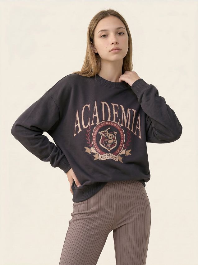 Sinsay - Hanorac din bumbac cu mesaj Academia - gri deschis