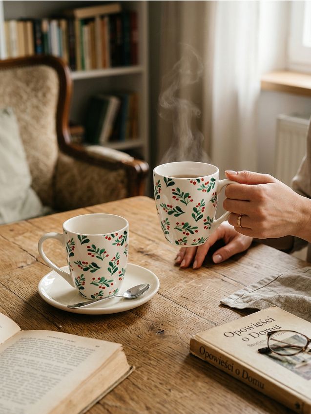 Sinsay - Căni ceramice de Crăciun cu motiv de ramuri, set de 2 - alb