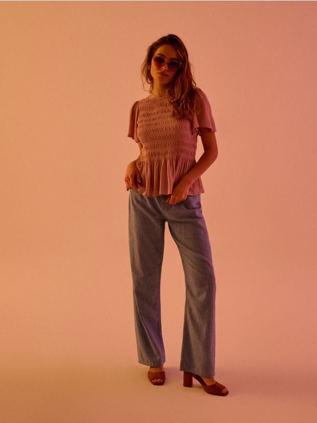 Sinsay - Blugi wide straight cu amestec de in - albastru