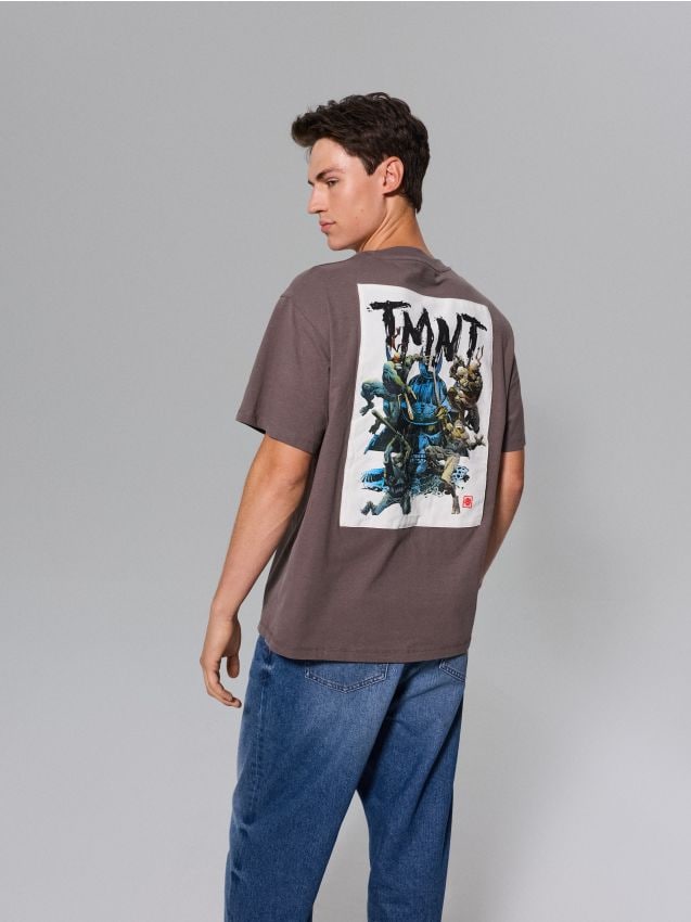 Sinsay - Tricou comfort din bumbac cu imprimeu pe spate Teenage Mutant Ninja Turtles - gri-închis