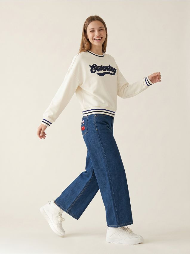 Sinsay - Bluză crewneck cu inscripție - crem