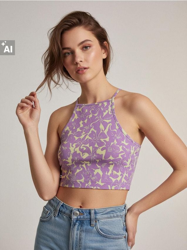 Sinsay - Crop top tip halter cu model abstract - mov
