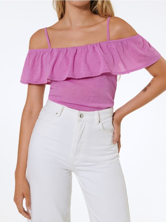 Sinsay - Top na ramiączkach z falbaną przy dekolcie - różowy