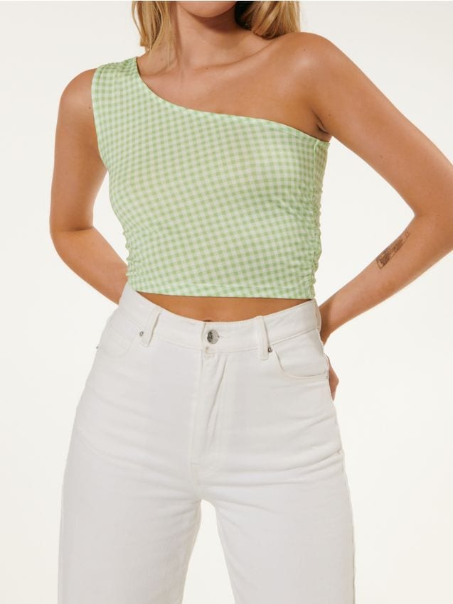 Crop top monospalla a quadretti - verde pallido