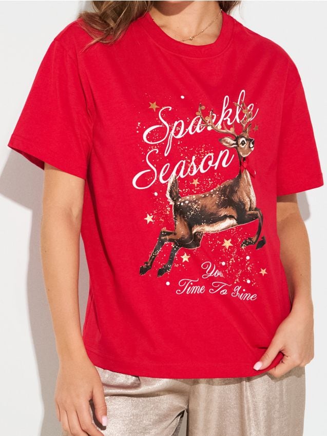 Sinsay - Bavlnené oversize tričko s potlačou - červená