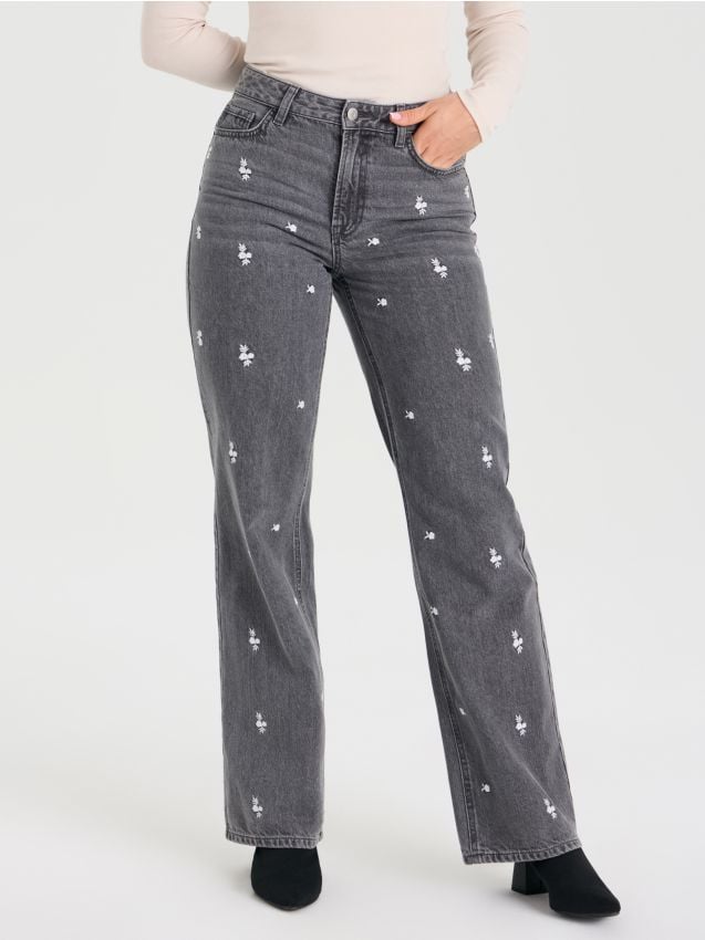 Sinsay - Jeans wide leg cu talie înaltă și broderie florală - gri