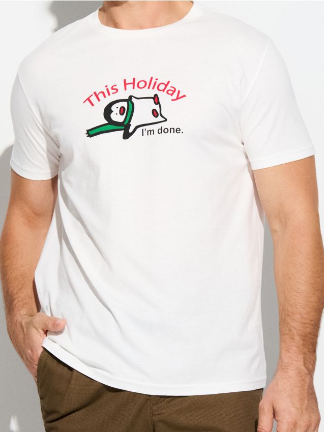 Sinsay - Tricou cu motiv de sărbători - crem