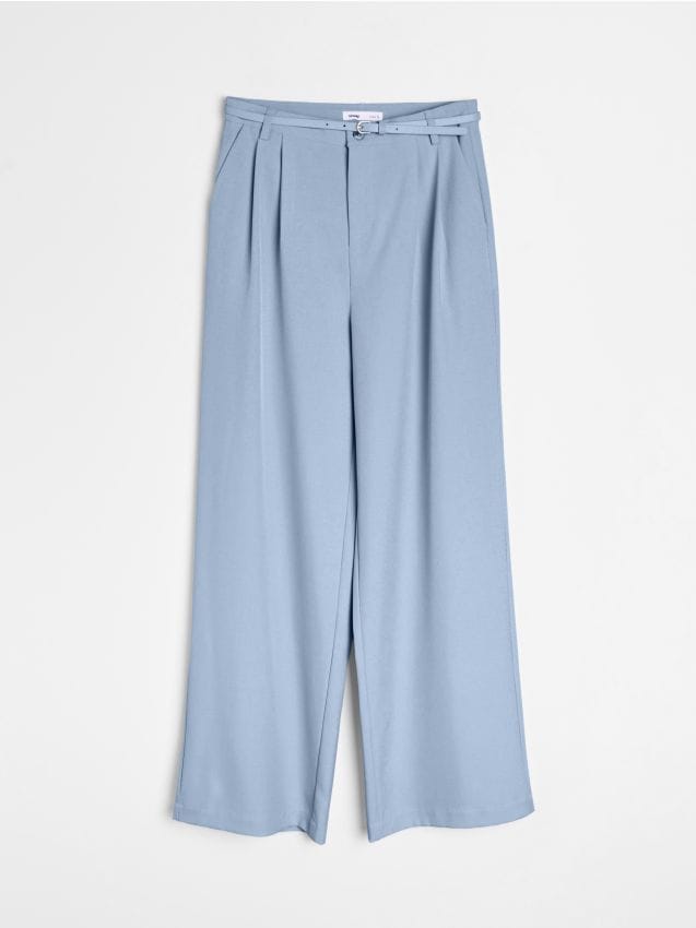 Sinsay - Spodnie wide leg z paskiem - błękitny