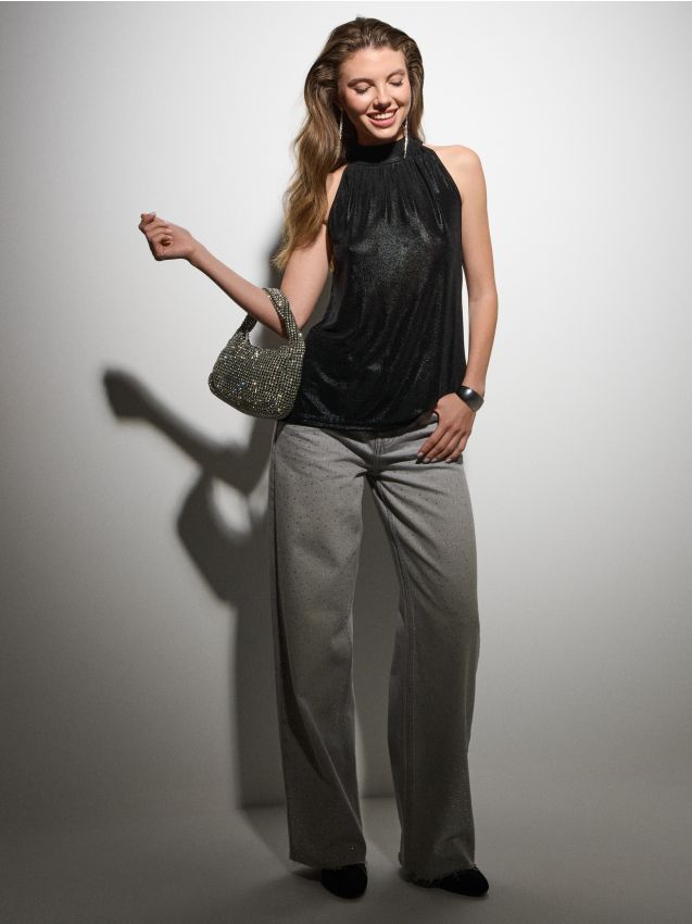 Sinsay - Blugi cu croială largă și cu strasuri - gri deschis