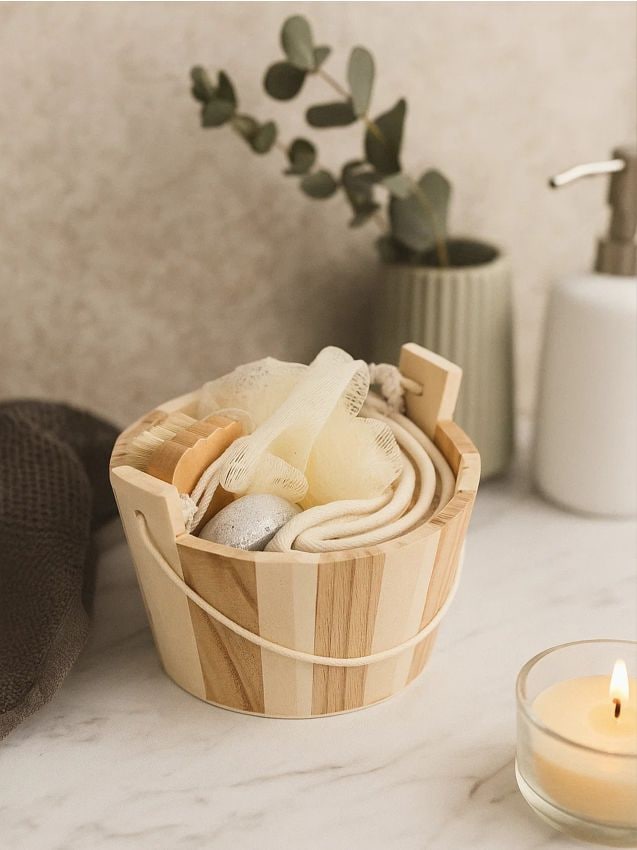 Sinsay - Kúpeľná sada: kefa na telo, špongia, pemza a uterák - béžová