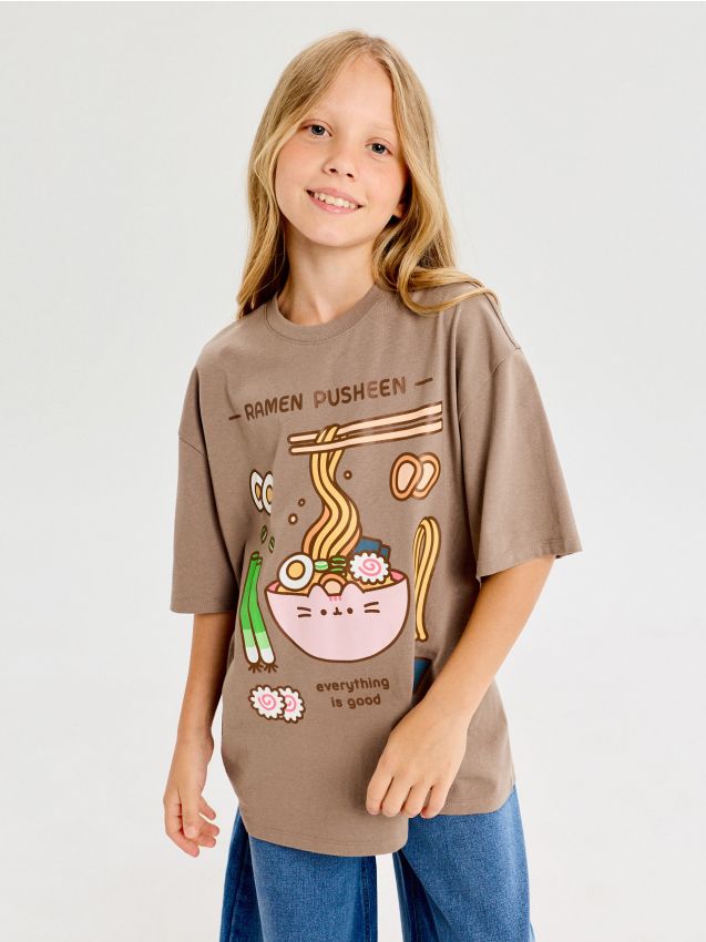 Sinsay - Tricou oversize din bumbac cu imprimeu Pusheen the Cat - cafeniu
