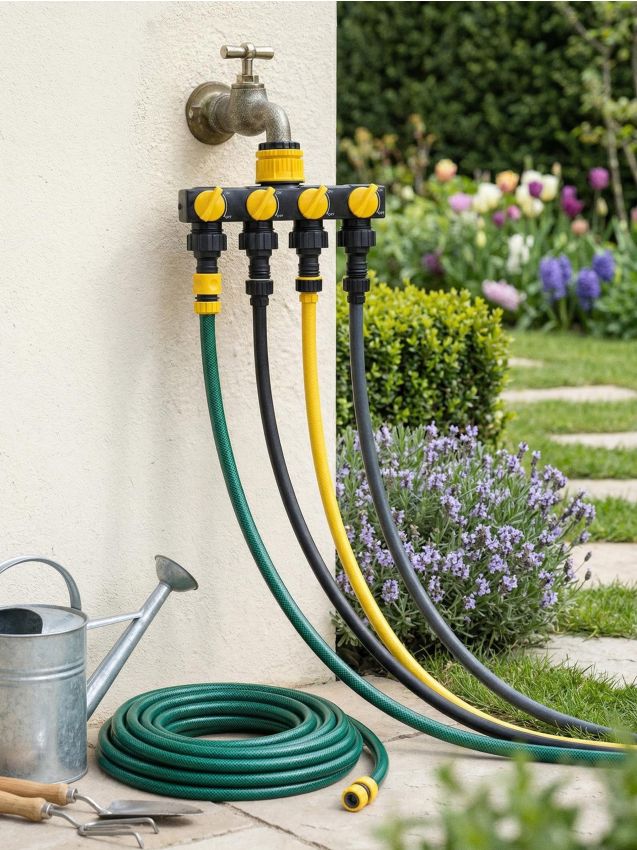 Sinsay - Distribuitor cu 4 ieșiri pentru robinet, pentru furtunuri de grădină, cu valve - galben